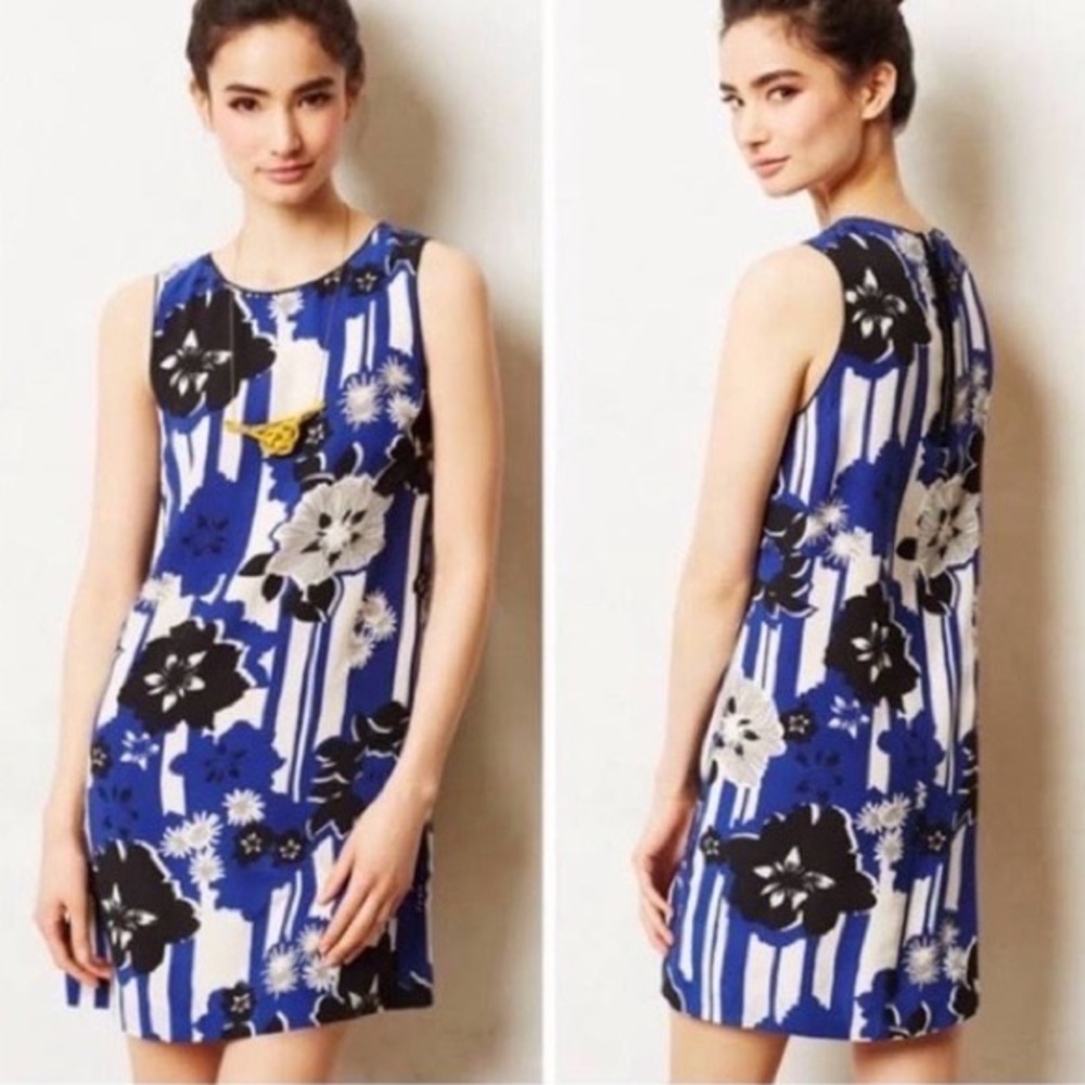 Anthropologie Canna Floral Blue Silk Sheath Dress